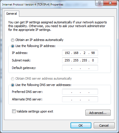 Setting the PC Ethernet port IPV4 address to match the PYNQ.