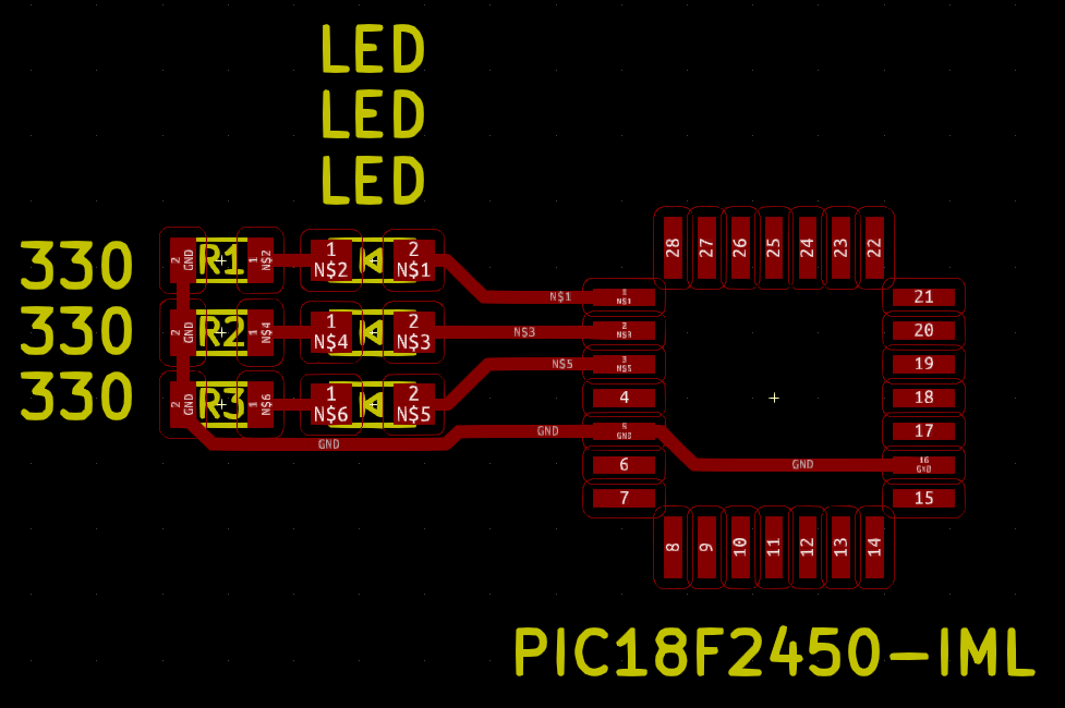 Common-cathode LEDs attached to PIC18F MCU.